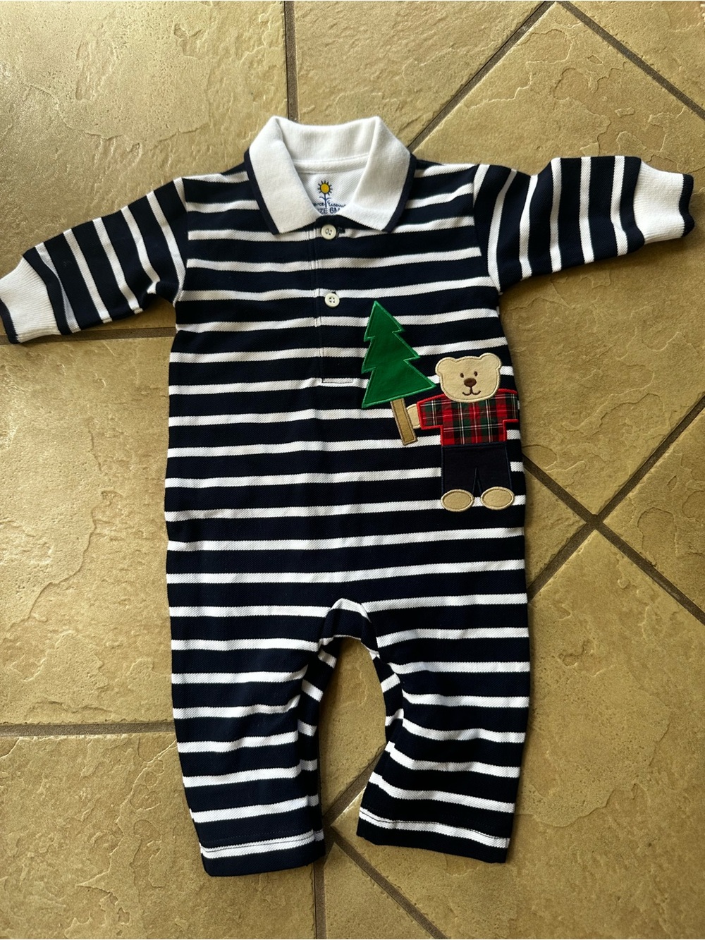 Florence Eiseman Navy & White Striped Bear Appliqué Romper